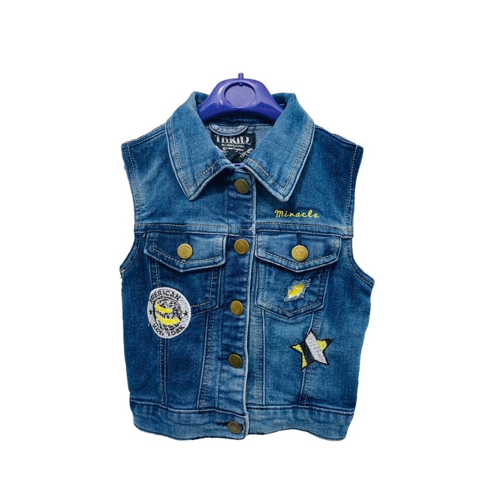 Thrill Apparel Girl's Denim Vest Jacket Blue Embroidered Button Up Size 6